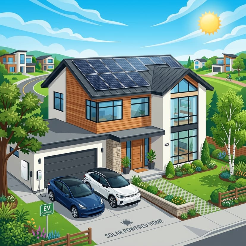 Modern professional illustration of a contemporary home with solar panels and electric vehicles